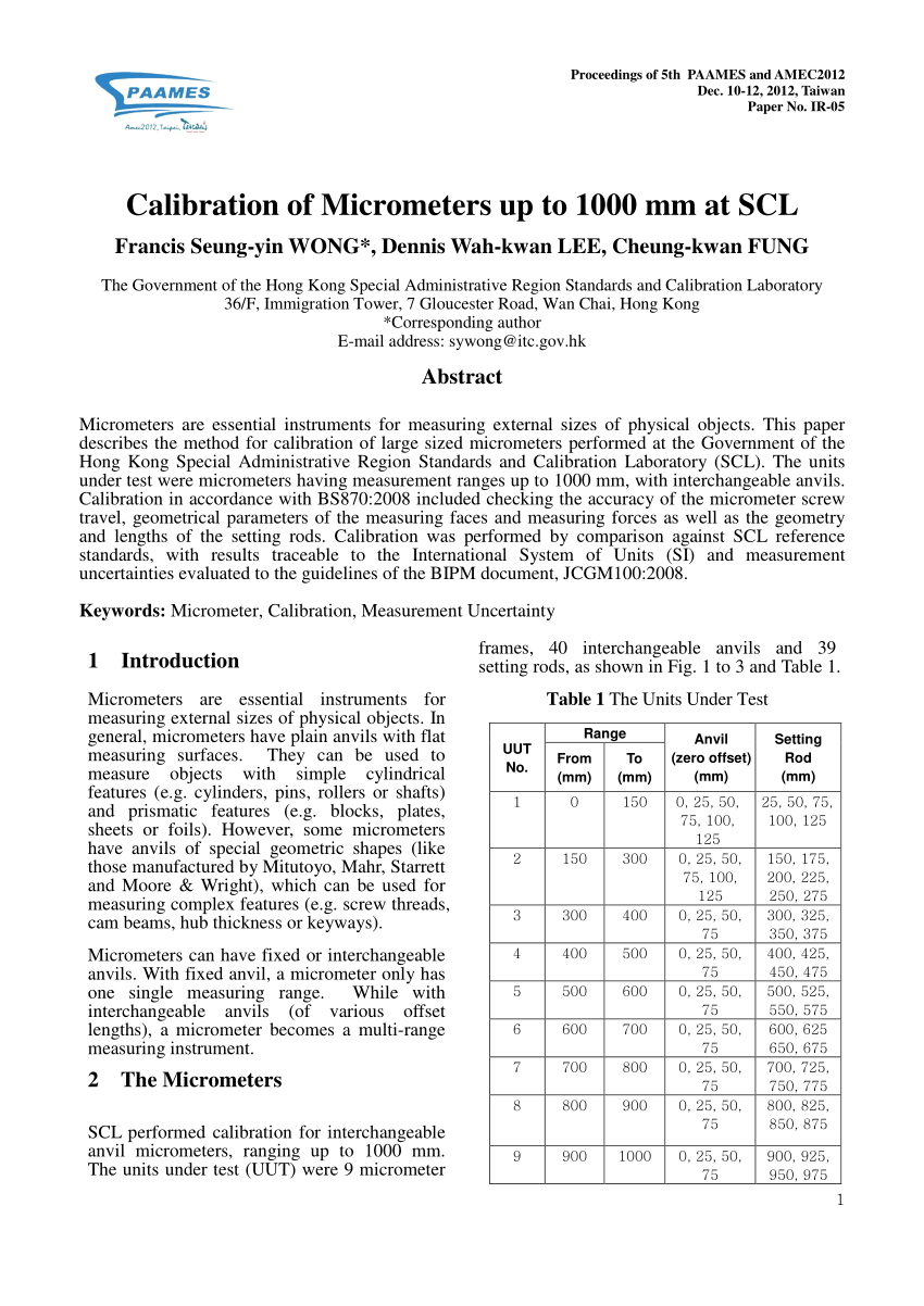 Pdf Calibration Of Micrometers Up To 1000 Mm At Scl