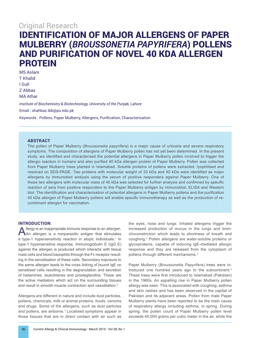 Pdf Identification Of Major Allergens Of Paper Mulberry