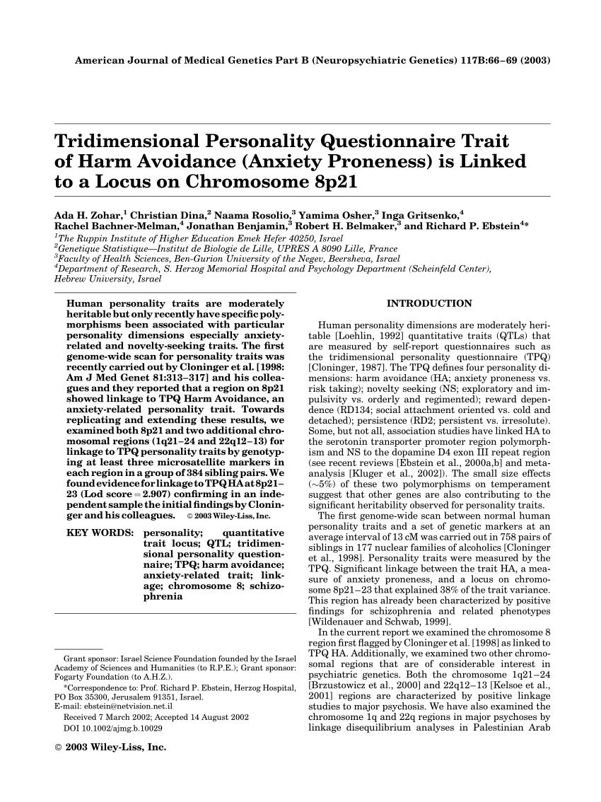 Pdf The Tridimensional Personality Questionnaire Trait Of Harm Avoidance Anxiety Proneness Is Linked To A Locus On Chromosome 8p21