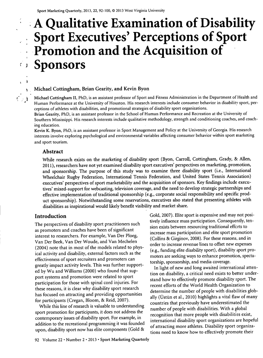 Pdf A Qualitative Examination Of Disability Sport Executives Perceptions Of Sport Promotion And The Acquisition Of Sponsors