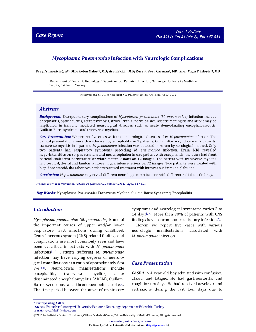 Pdf Mycoplasma Pneumoniae Infection With Neurologic Complications 8708