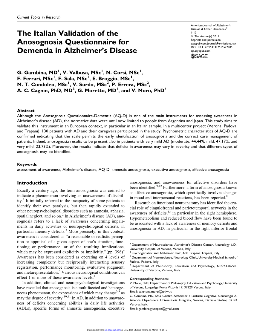 PDF) The Italian Validation of the Anosognosia Questionnaire for Dementia  in Alzheimer's Disease