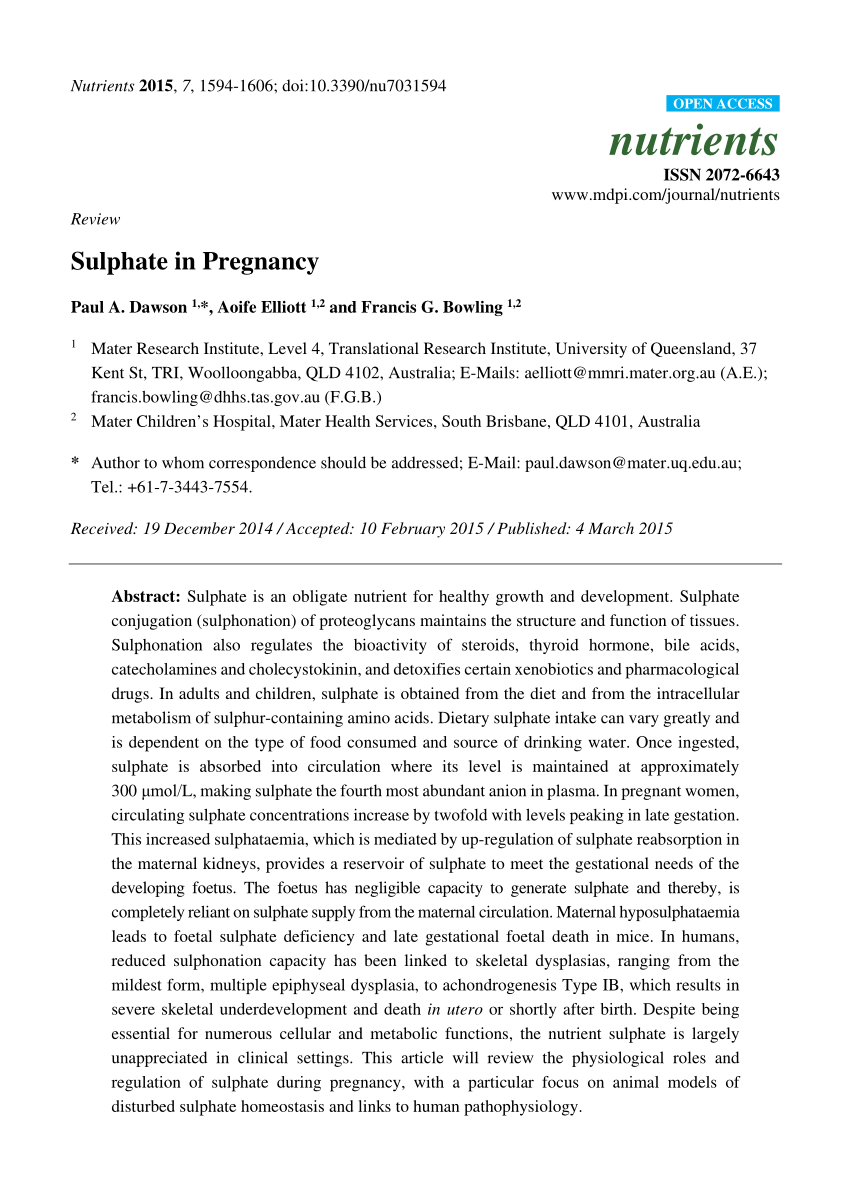 Pdf Sulphate In Pregnancy