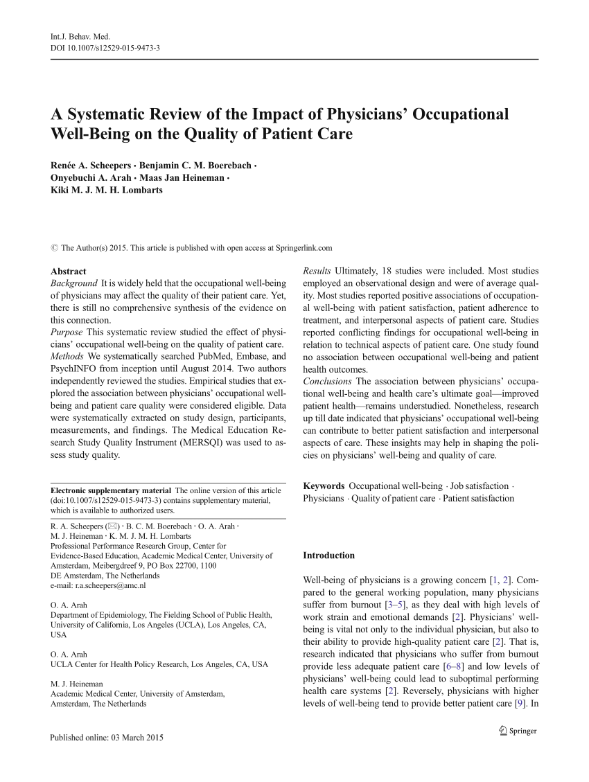 Pdf A Systematic Review Of The Impact Of Physicians Occupational Well Being On The Quality Of Patient Care