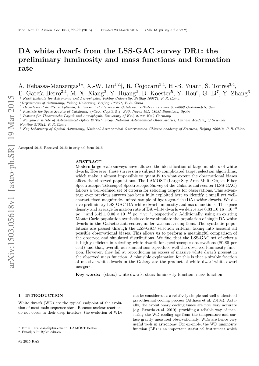 Pdf Da White Dwarfs From The Lss Gac Survey Dr1 The Preliminary Luminosity And Mass Functions And Formation Rate
