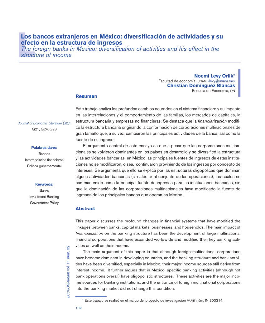 Pdf Los Bancos Extranjeros En Mexico Diversificacion De Actividades Y Su Efecto En La Estructura De Ingresos