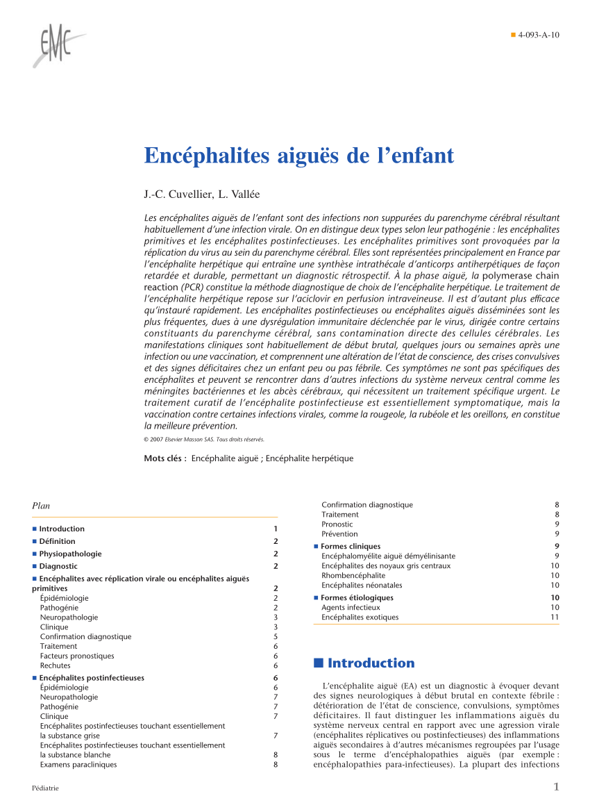 Pdf Encephalites Aigues De L Enfant