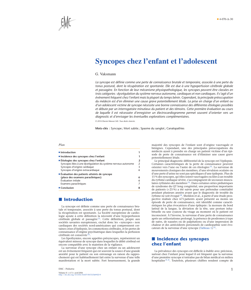 Pdf Syncopes Chez L Enfant