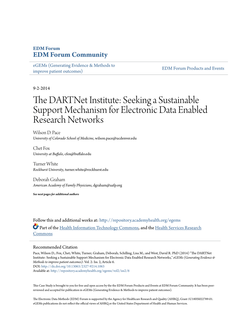 vejkryds Byg op Brokke sig PDF) The DARTNet Institute: Seeking a Sustainable Support Mechanism for  Electronic Data Enabled Research Networks