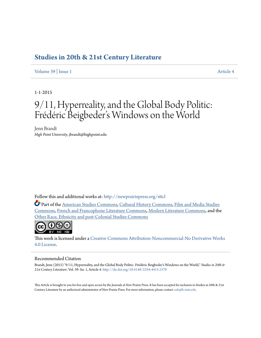 Pdf 9 11 Hyperreality And The Global Body Politic Frederic Beigbeder S Windows On The World