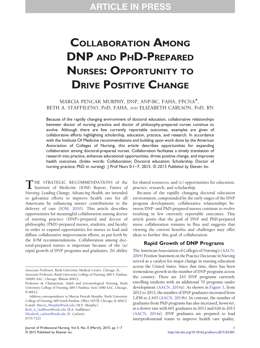 Pdf Collaboration Among Dnp And Phd Prepared Nurses Opportunity To Drive Positive Change