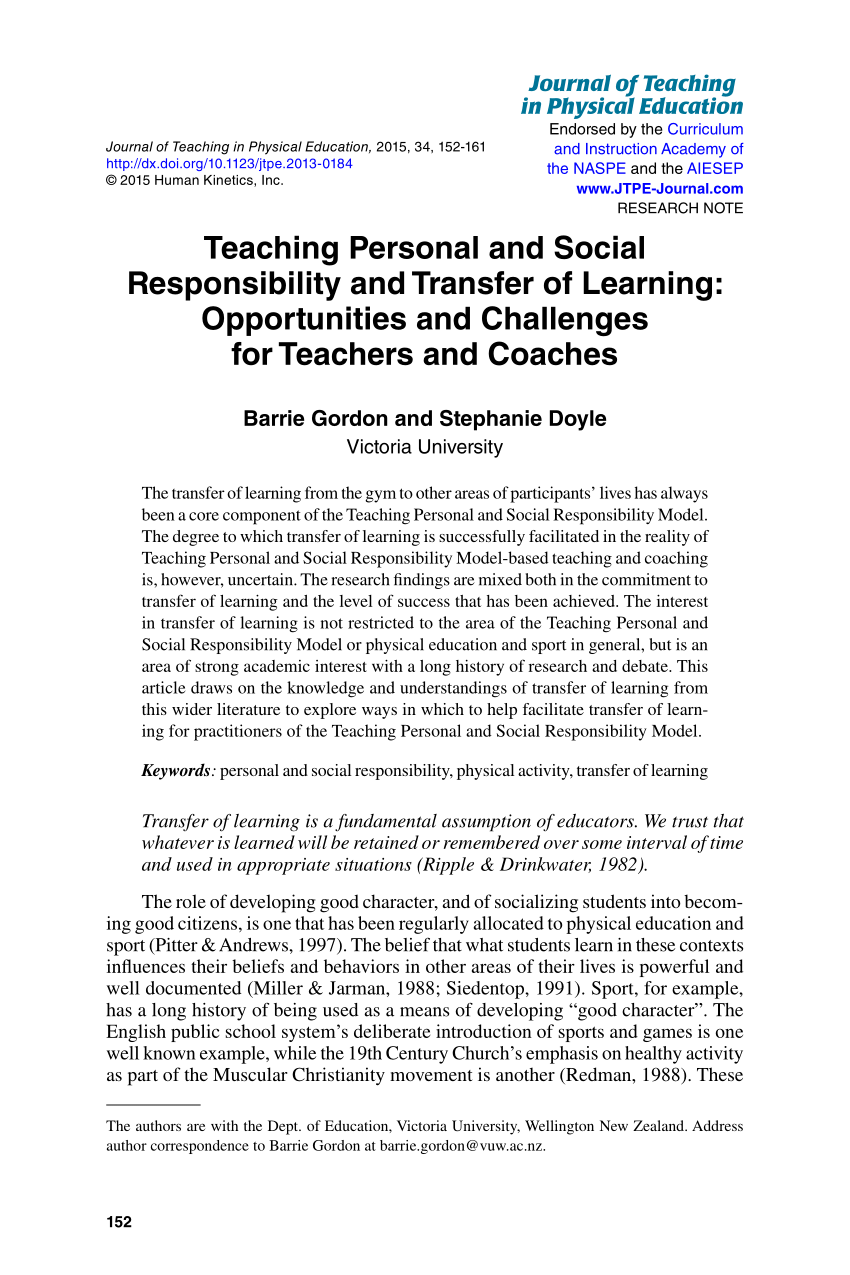 PDF) Teaching Personal and Social Responsibility and Transfer of Learning:  Opportunities and Challenges for Teachers and Coaches