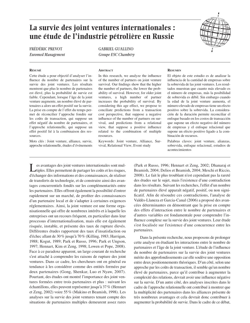 Pdf La Survie Des Joint Ventures Internationales Une Etude De L Industrie Petroliere En Russie