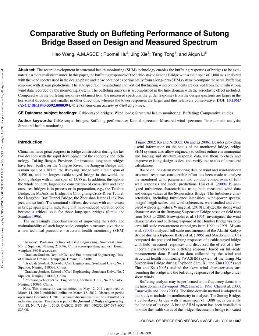 PDF) Comparative Study on Buffeting Performance of Sutong Bridge Based on  Design and Measured Spectrum