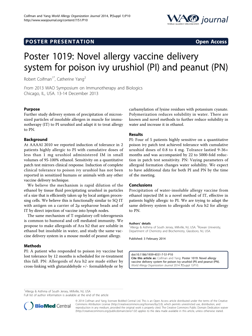 Pdf Poster 1019 Novel Allergy Vaccine Delivery System For Poison Ivy Urushiol Pi And Peanut Pn