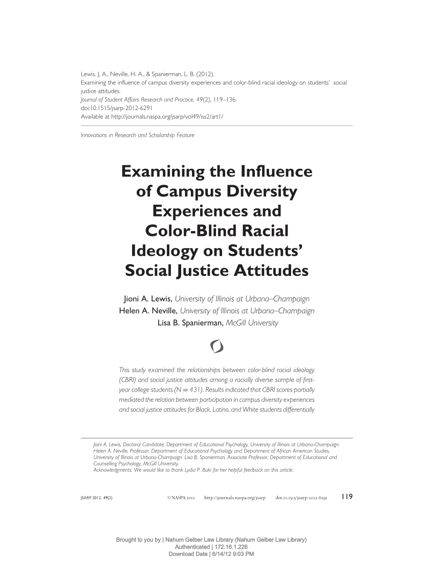 Pdf Examining The Influence Of Campus Diversity Experiences And Color Blind Racial Ideology On 0927