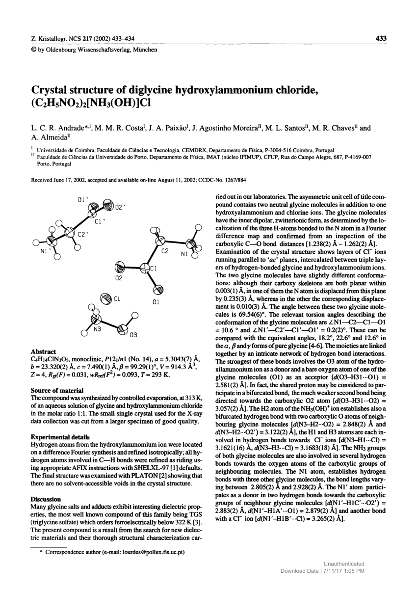 Pdf Crystal Structure Of Diglycine Hydroxylammonium Chloride C2h5no2 2 Nh3 Oh Cl