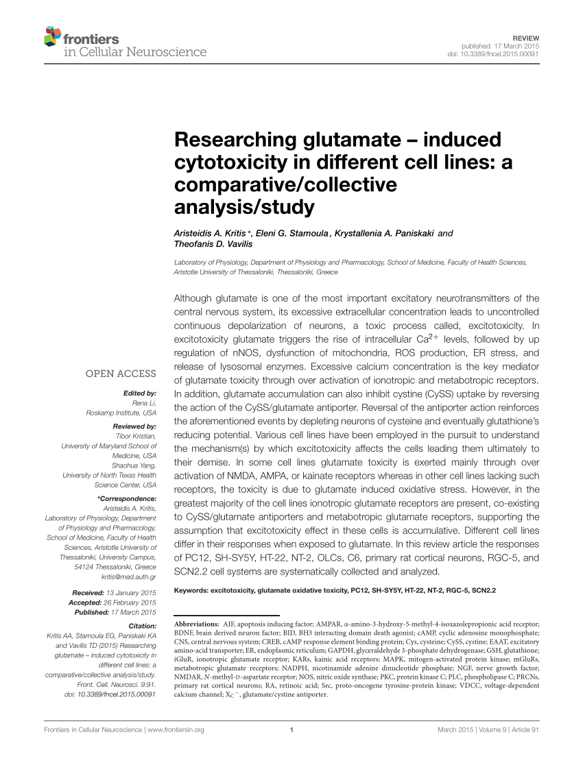 Pdf Researching Glutamate Induced Cytotoxicity In Different Cell Lines A Comparative Collective Analysis Study