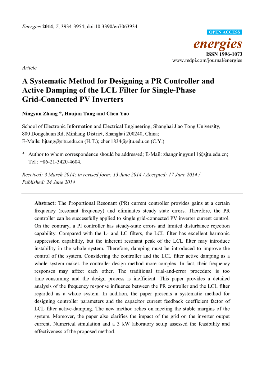 Pdf A Systematic Method For Designing A Pr Controller And Active Damping Of The Lcl Filter For Single Phase Grid Connected Pv Inverters
