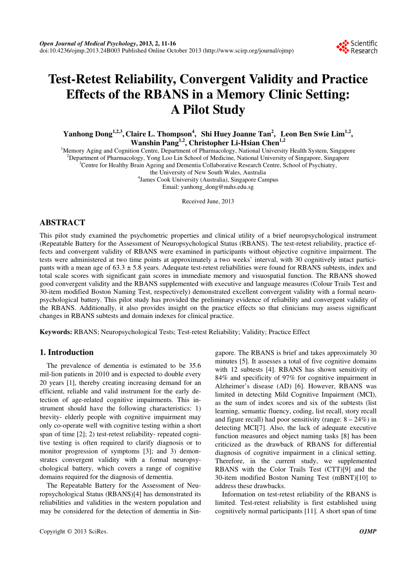 Pdf Test Retest Reliability Convergent Validity And Practice Effects Of The Rbans In A Memory Clinic Setting A Pilot Study