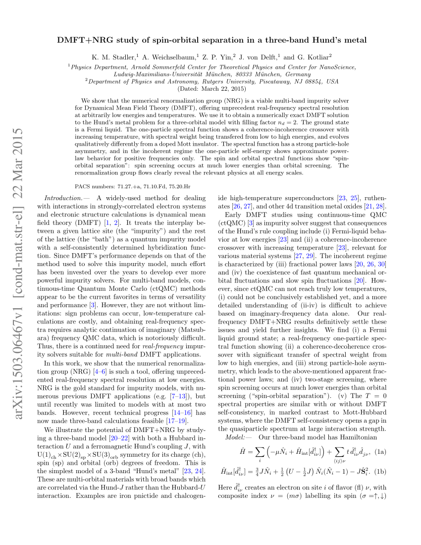 Pdf Dmft Nrg Study Of Spin Orbital Separation In A Three Band Hund S Metal