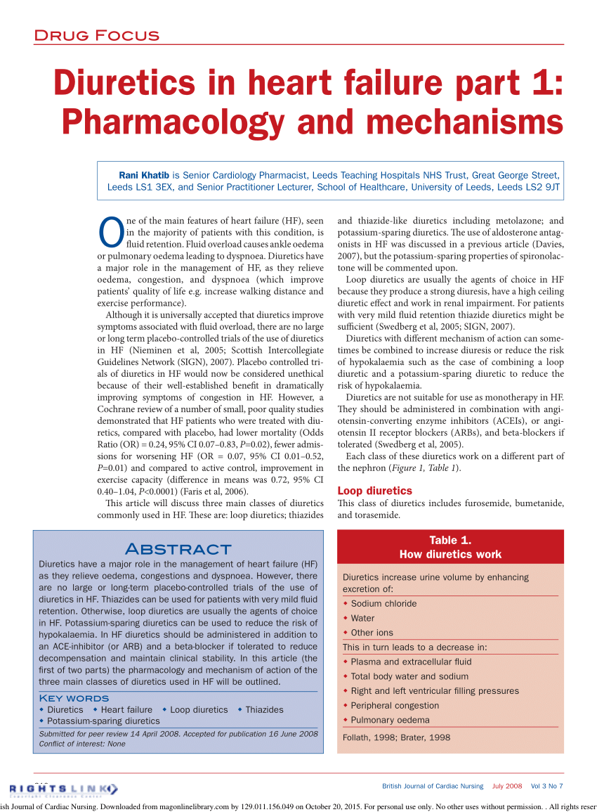 (PDF) Diuretics in heart failure part 1 Pharmacology and mechanisms