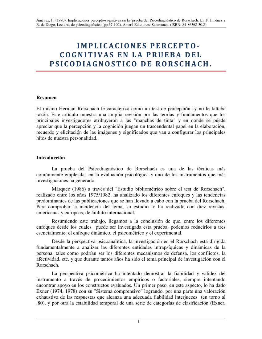 PDF) Implicaciones percepto-cognitivas en la prueba del Psicodiagnóstico de  Rorschach.