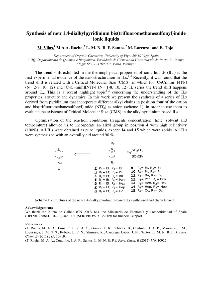 Pdf Synthesis Of New 1 4 Dialkylpyridinium Bis Trifluoromethanesulfonyl Imide Ionic Liquids