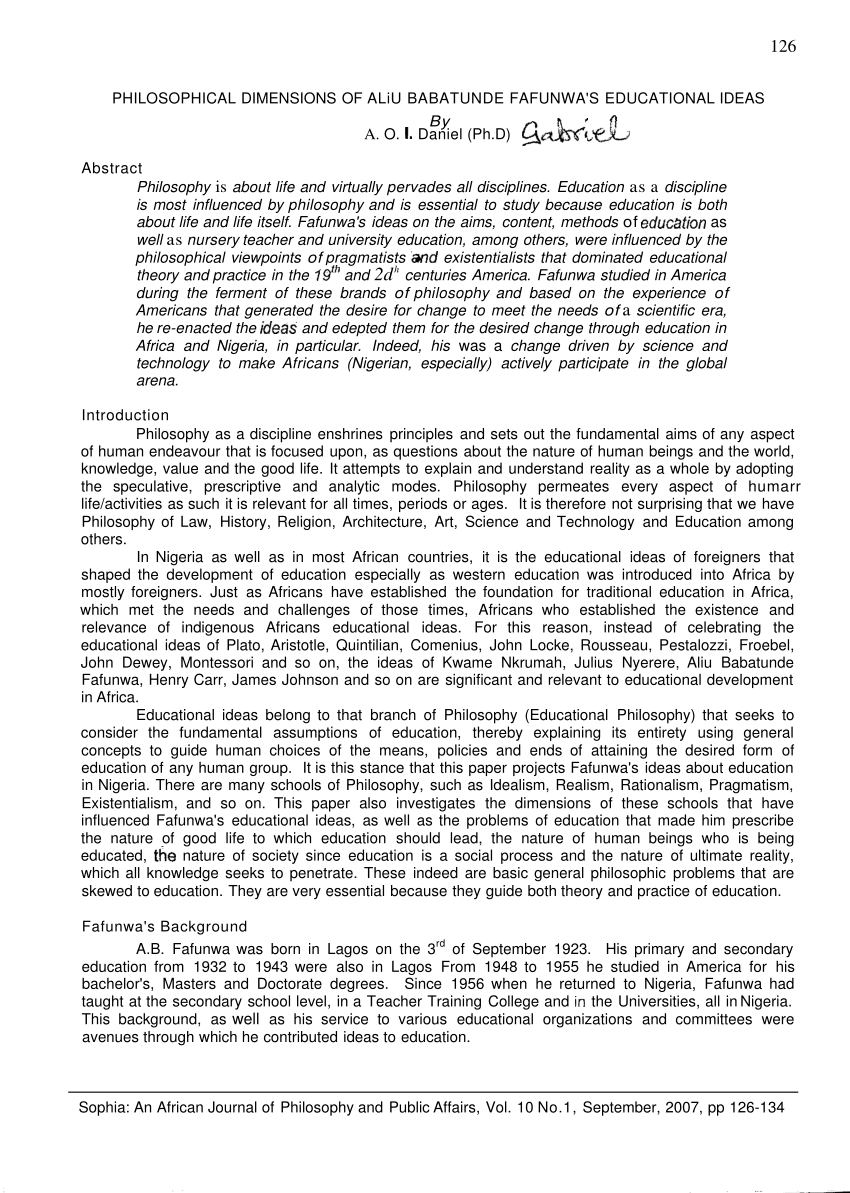 (PDF) PHILOSOPHICAL DIMENSIONS OF ALiU BABATUNDE FAFUNWA'S EDUCATIONAL ...