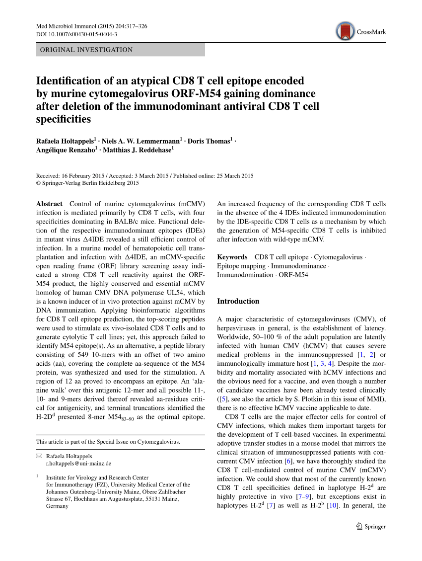 Pdf Identification Of An Atypical Cd8 T Cell Epitope Encoded By Murine Cytomegalovirus Orf M54 Gaining Dominance After Deletion Of The Immunodominant Antiviral Cd8 T Cell Specificities