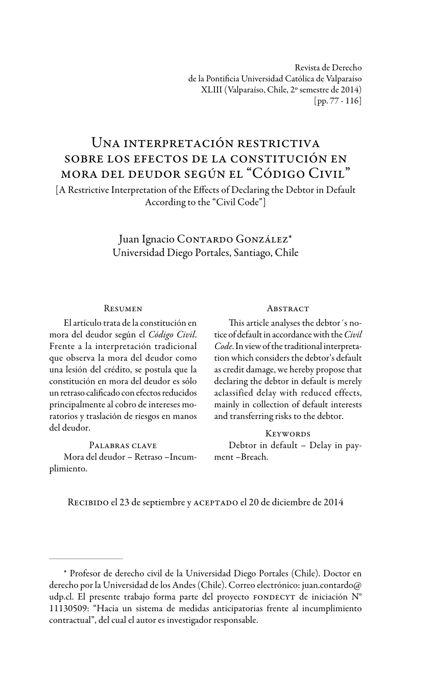 PDF) Una interpretación restrictiva sobre los efectos de la constitución en  mora del deudor según el 
