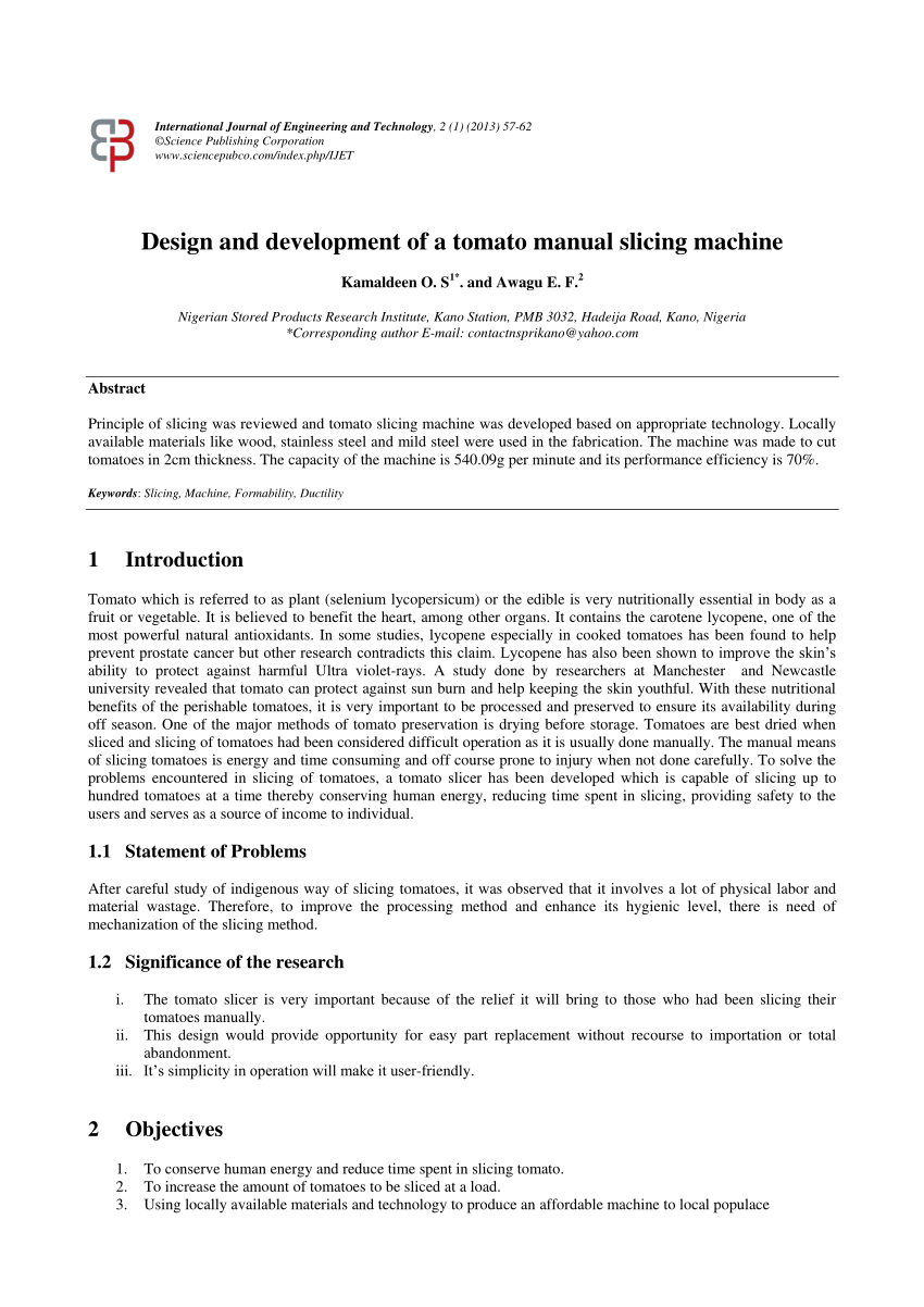 PDF) Design and Development of a tomato Slicing Machine
