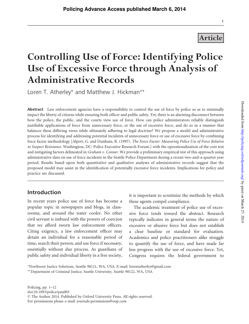 Pdf Controlling Use Of Force Identifying Police Use Of Excessive Force Through Analysis Of 