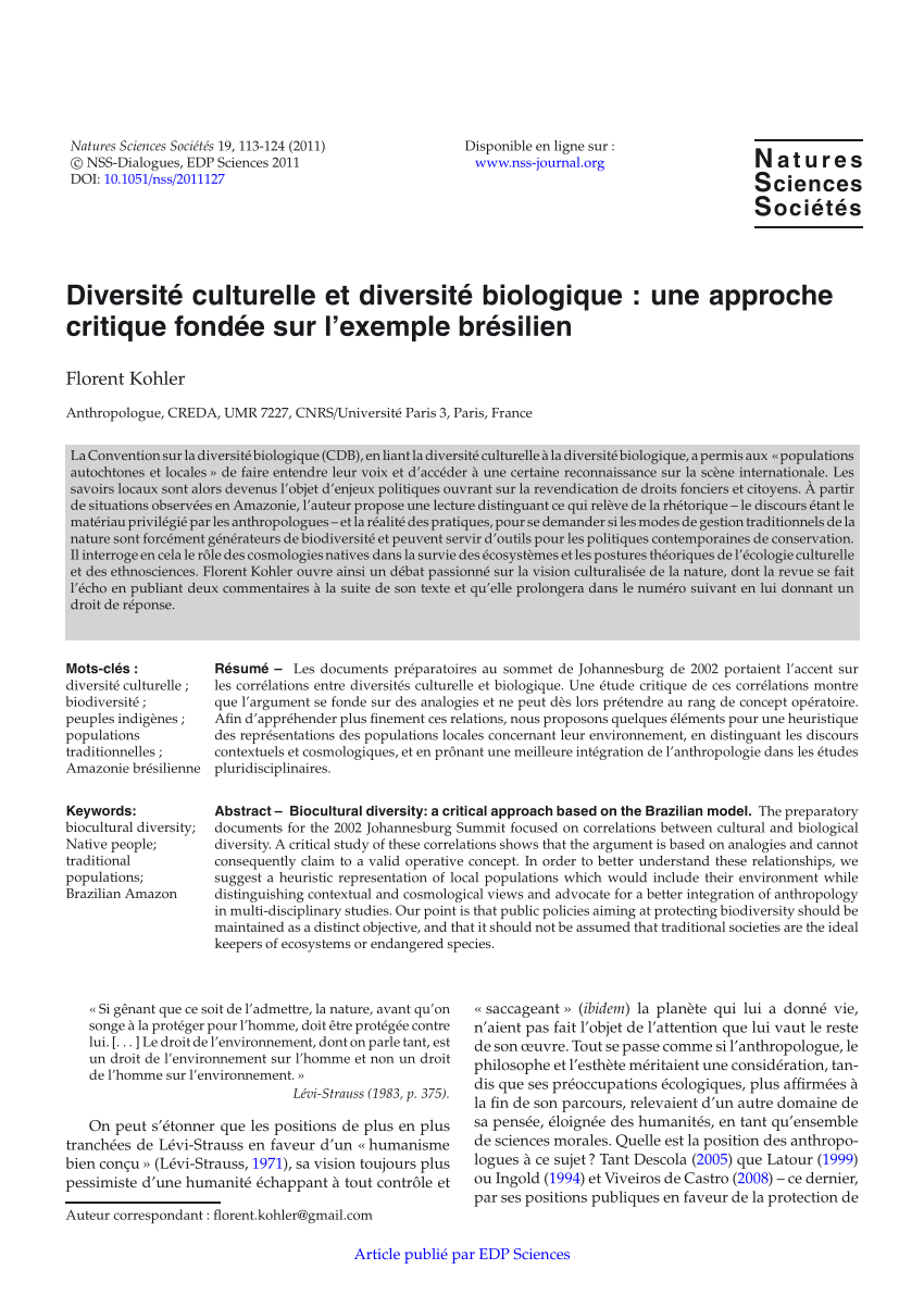 Pdf Diversite Culturelle Et Diversite Biologique Une Approche Critique Fondee Sur L Exemple Bresilien