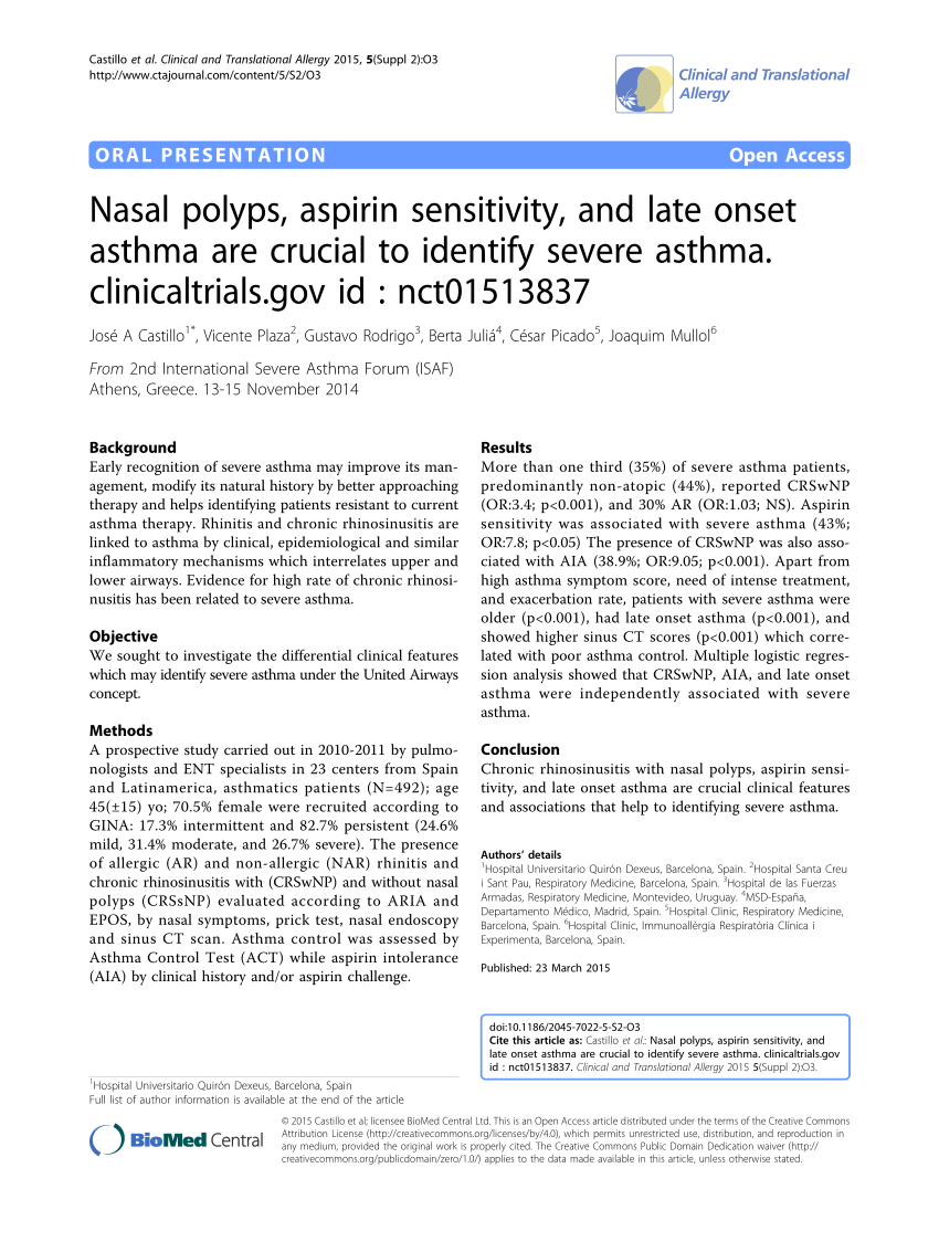 Pdf Nasal Polyps Aspirin Sensitivity And Late Onset Asthma Are Crucial To Identify Severe Asthma