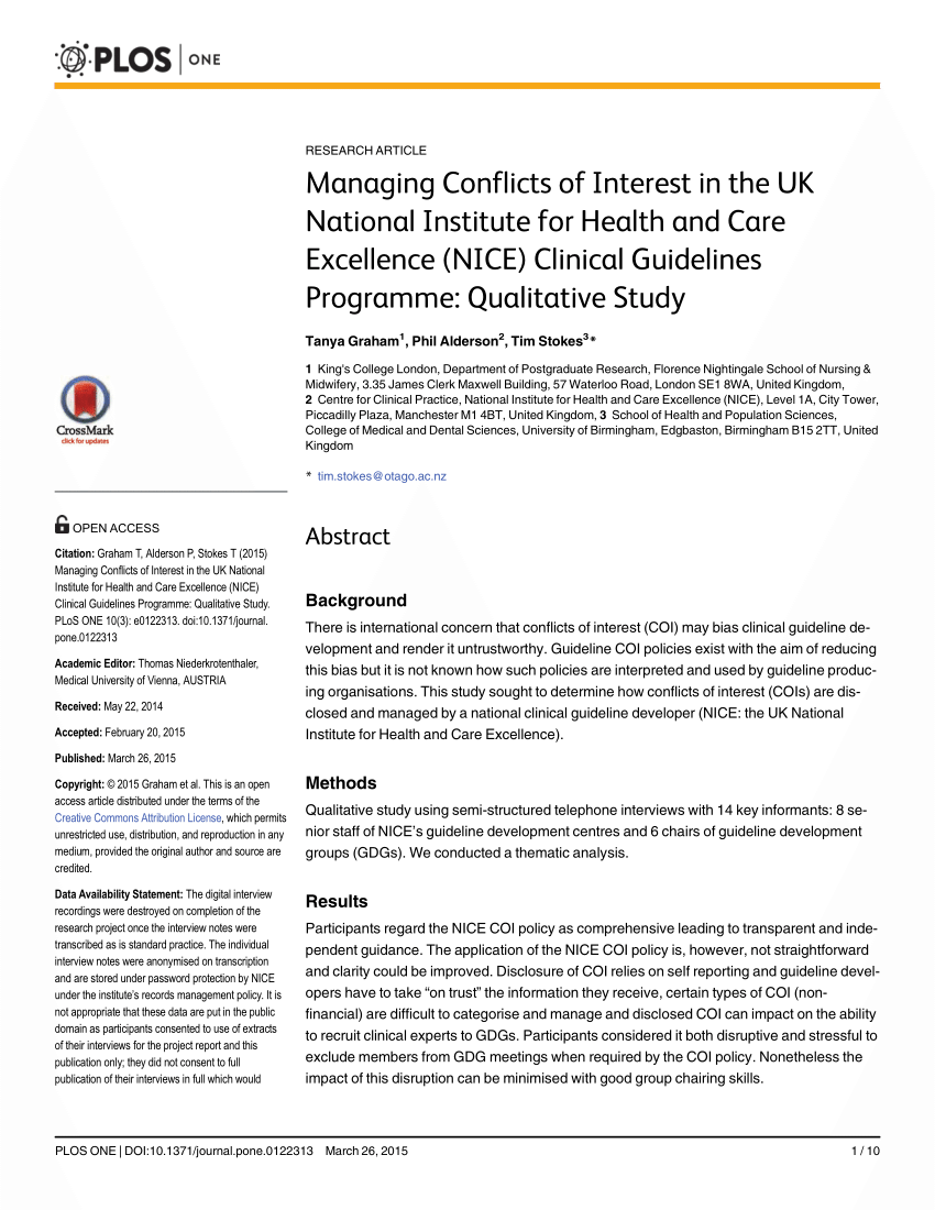 Pdf Managing Conflicts Of Interest In The Uk National Institute For Health And Care Excellence Nice Clinical Guidelines Programme Qualitative Study