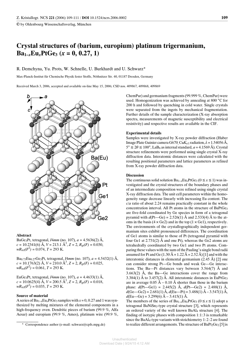 Pdf Crystal Structures Of Barium Europium Platinum Trigermanium Ba1 Xeuxptge3 X 0 0 27 1