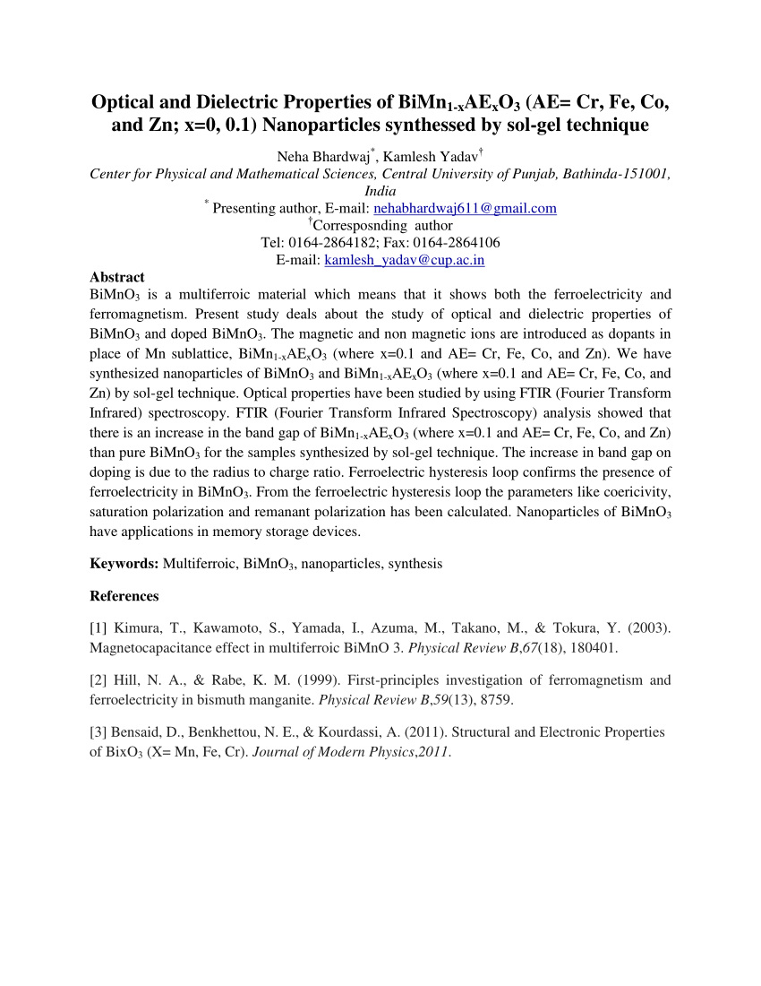 Pdf Optical And Dielectric Properties Of Bimn1 Xaexo3 Ae Cr Fe Co And Zn X 0 0 1 Nanoparticles Synthessed By Sol Gel Technique And Zn X 0 0 1 Nanoparticles Synthessed By Sol Gel Technique