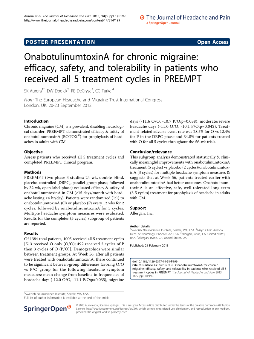 Pdf Onabotulinumtoxina For Chronic Migraine Efficacy Safety And Tolerability In Patients Who Received All 5 Treatment Cycles In Preempt