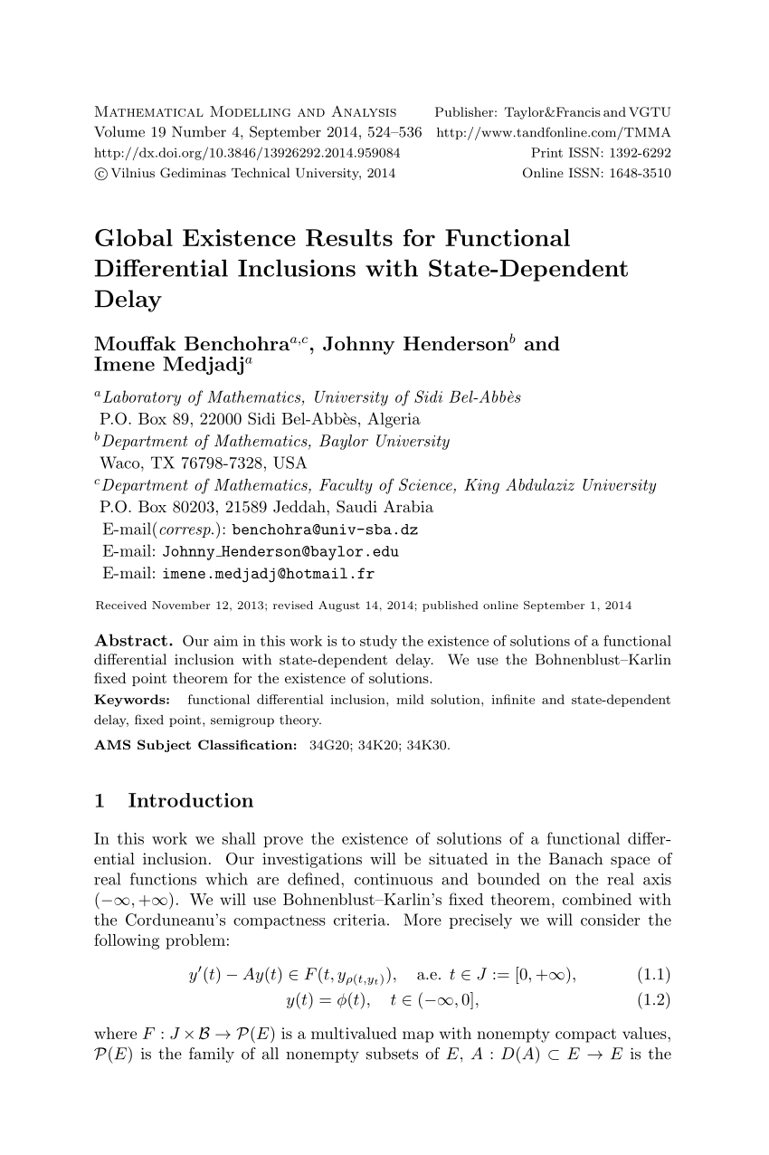 Pdf Global Existence Results For Functional Differential Inclusions With State Dependent Delay