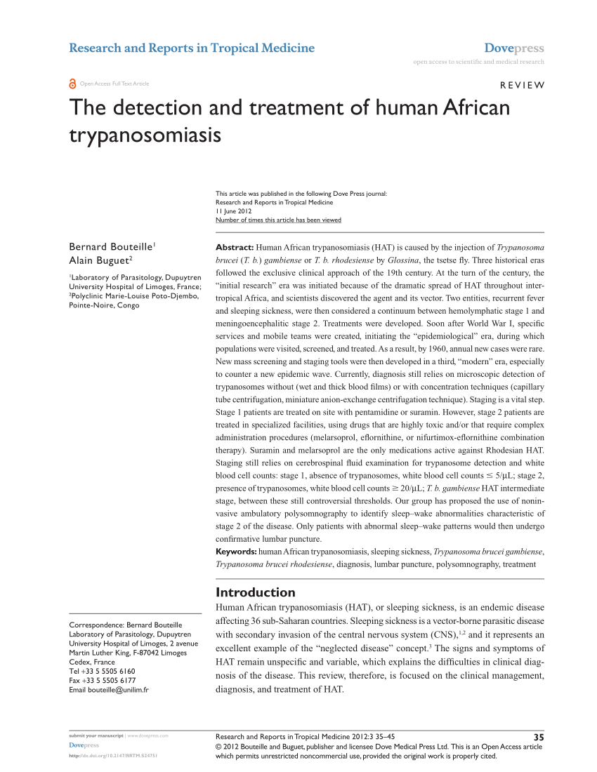 Pdf The Detection And Treatment Of Human African Trypanosomiasis
