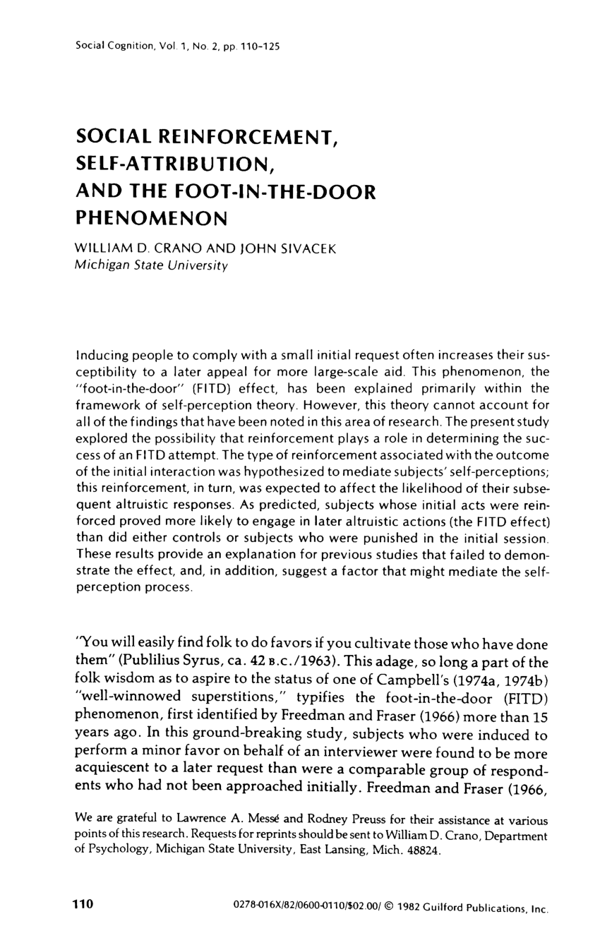 Pdf Social Reinforcement Self Attribution And The Foot In