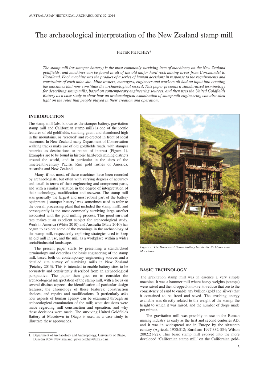 Pdf The Archaeological Interpretation Of The New Zealand Stamp Mill