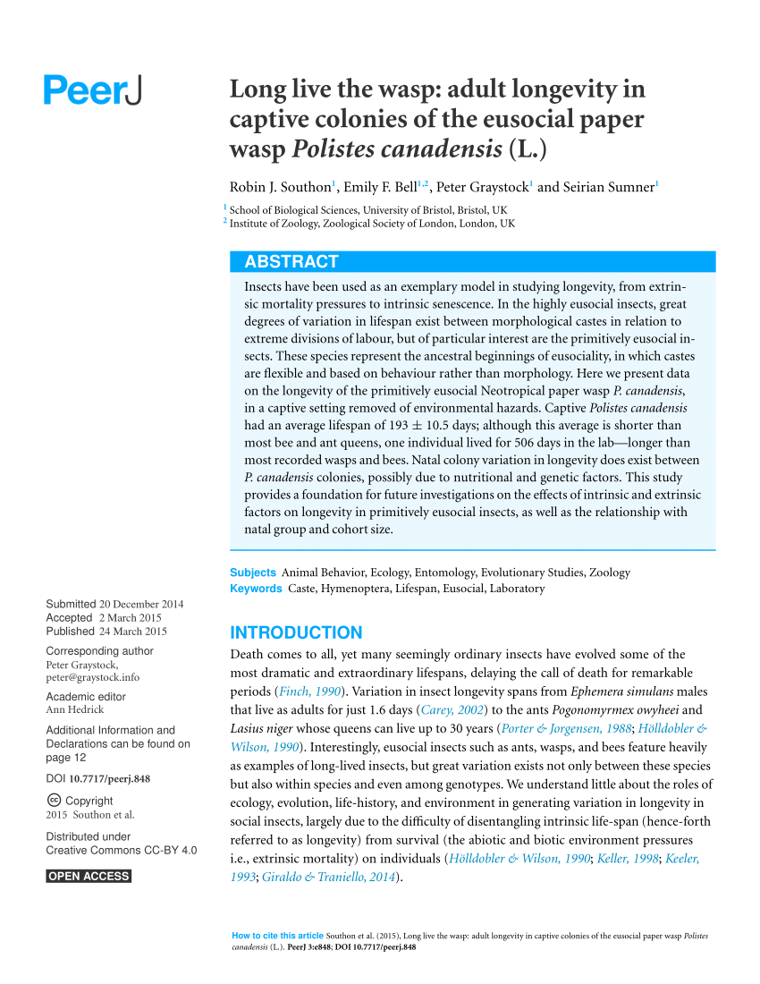 Pdf Long Live The Wasp Adult Longevity In Captive Colonies Of The Eusocial Paper Wasp Polistes Canadensis L