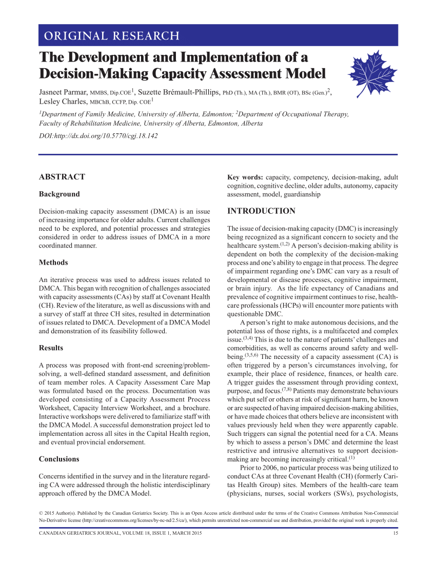 Pdf The Development And Implementation Of A Decision Making Capacity Assessment Model 2690