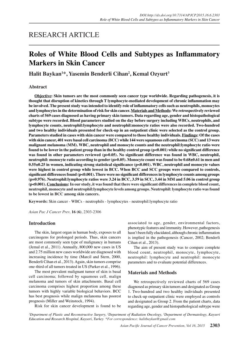 pdf roles of white blood cells and subtypes as inflammatory markers in skin cancer