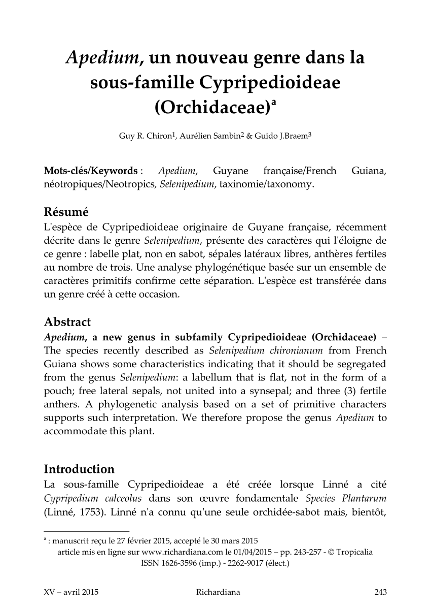 Pdf Apedium Un Nouveau Genre Dans La Sous Famille Cypripedioideae Orchidaceae