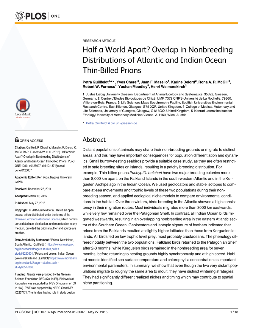 Pdf Half A World Apart Nonbreeding Distribution Of Thin Billed Prions From The Atlantic And Indian Ocean