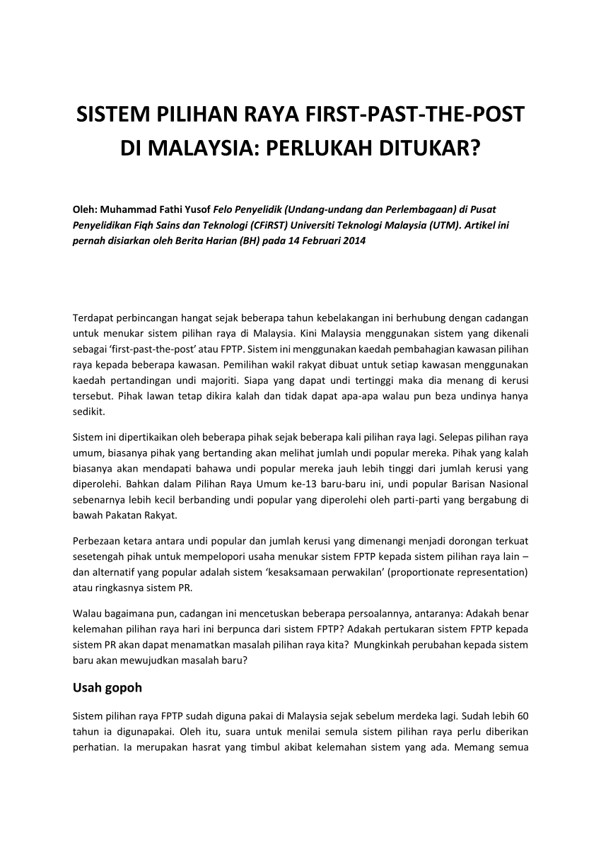 Pdf Sistem Pilihan Raya First Past The Post Di Malaysia Perlukah Ditukar