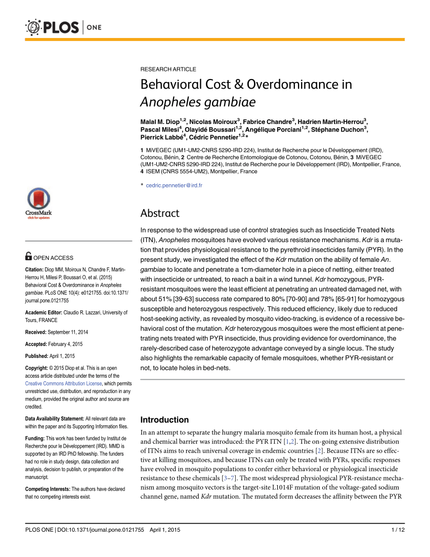 Pdf Behavioral Cost Overdominance In Anopheles Gambiae